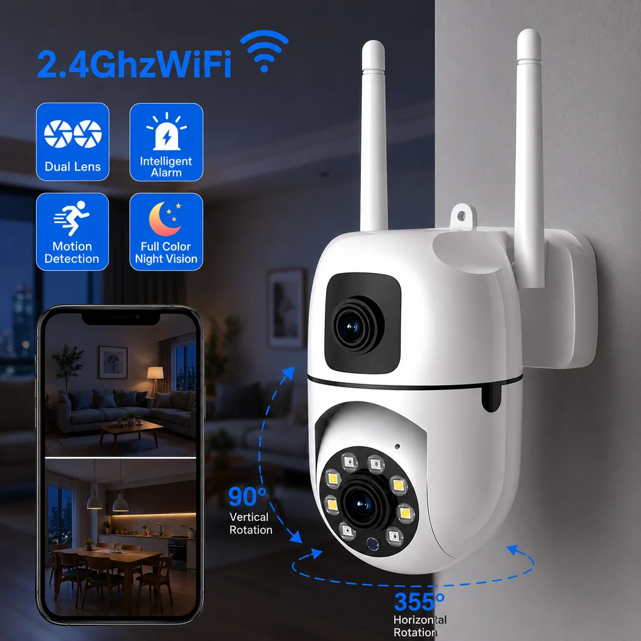 

4MP Dual Lens Indoor WiFi Camera 2.4Ghz Smart Home Security Camera Pet Baby Monitor Two-Way Audio Intercom Motion Detection Auto