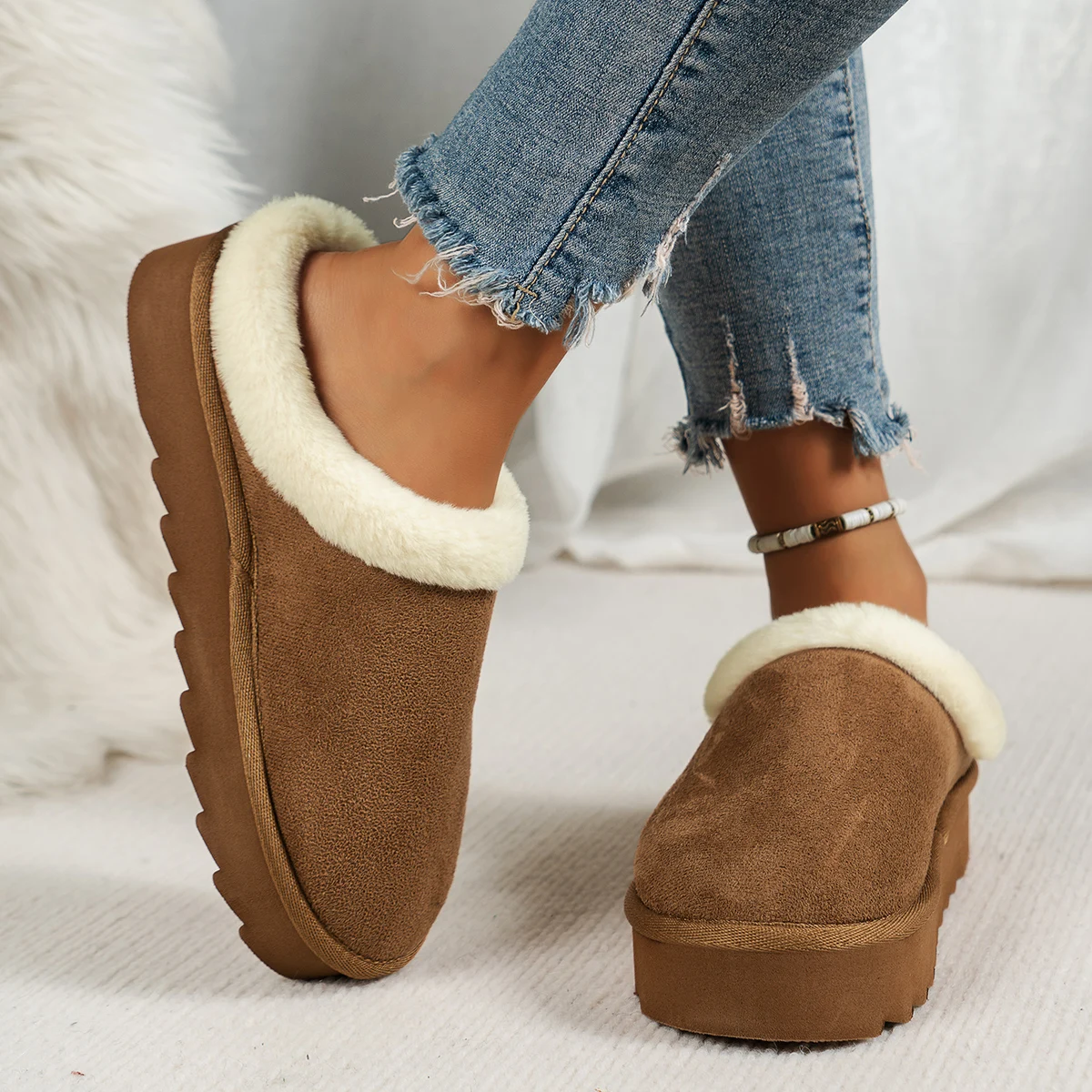 Winter Fashion Women's Fluffy Thick-Soled Casual Shoes, Thick-Soled Indoor Anti-Slip and Warm with Fur Lining