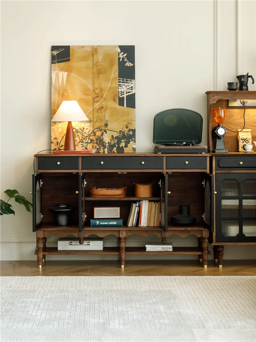 North America Black Walnut Retro Sideboard Cabinet Integrated Bar Counter Black American Style Locker Mid-Ancient Style