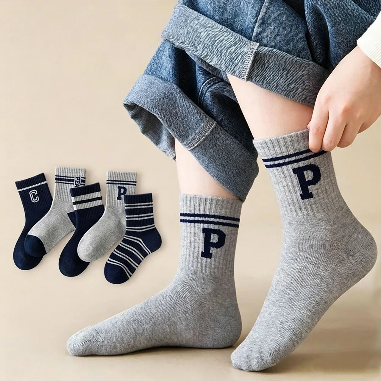 5Pair Fashion Letter Striped Boys Sports Socks 2-14Year Children Cotton Sock Spring Autumn Baby Footwear Children Mid-calf Socks