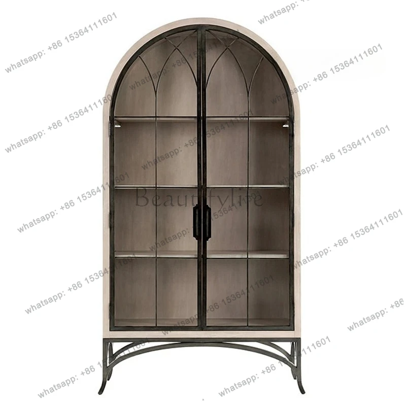 

French retro old glass door cabinet guest restaurant wine cabinet American rural solid wood display cabinet