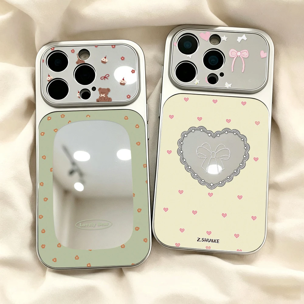 INS Korean Cute Flower Heart Phone Case For iPhone 17 18 11 12 13 14 15 16 Pro Max Large Window Mirror Shockproof Bumper Cover