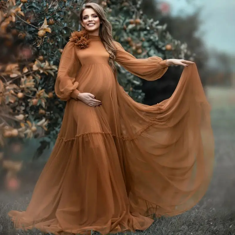 Classic Maternity Dress for Photoshoot Long Tulle Sleeves Prom Party Gowns Ruched Floor Length Vestidos For Babyshower