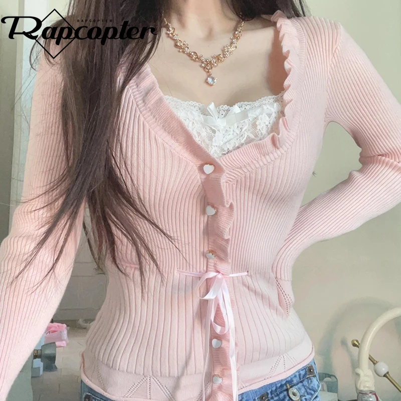 Rapcopter Lace Pink Sweaters Button Tie Up Frill Cute Sweet Women Pullovers Autumn Winter Harajuku Patchwork Jumpers Knitwear