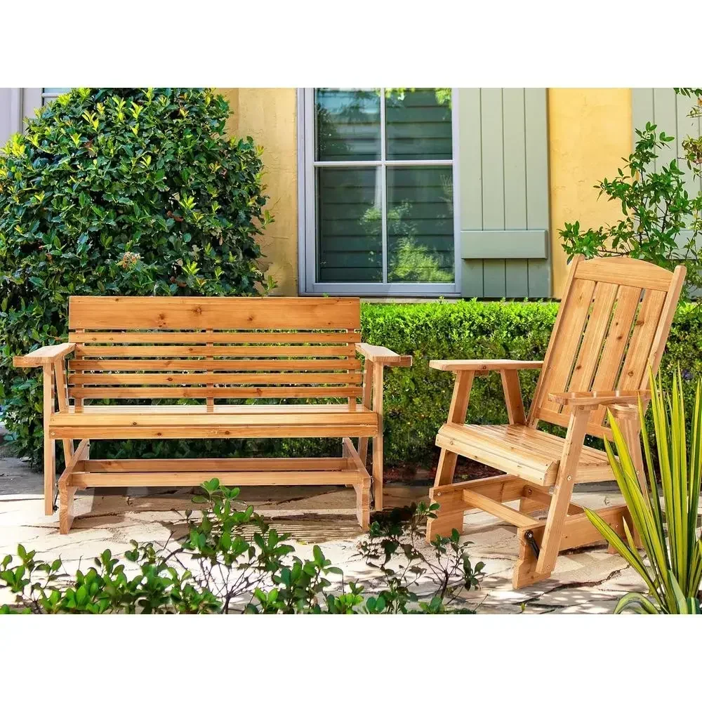 Patio Glider Bench Set with Cup Holders, Outdoor Loveseat Glider, Ergonomic Deep Seat, High Back, Heavy Duty 800lbs, Suitable fo