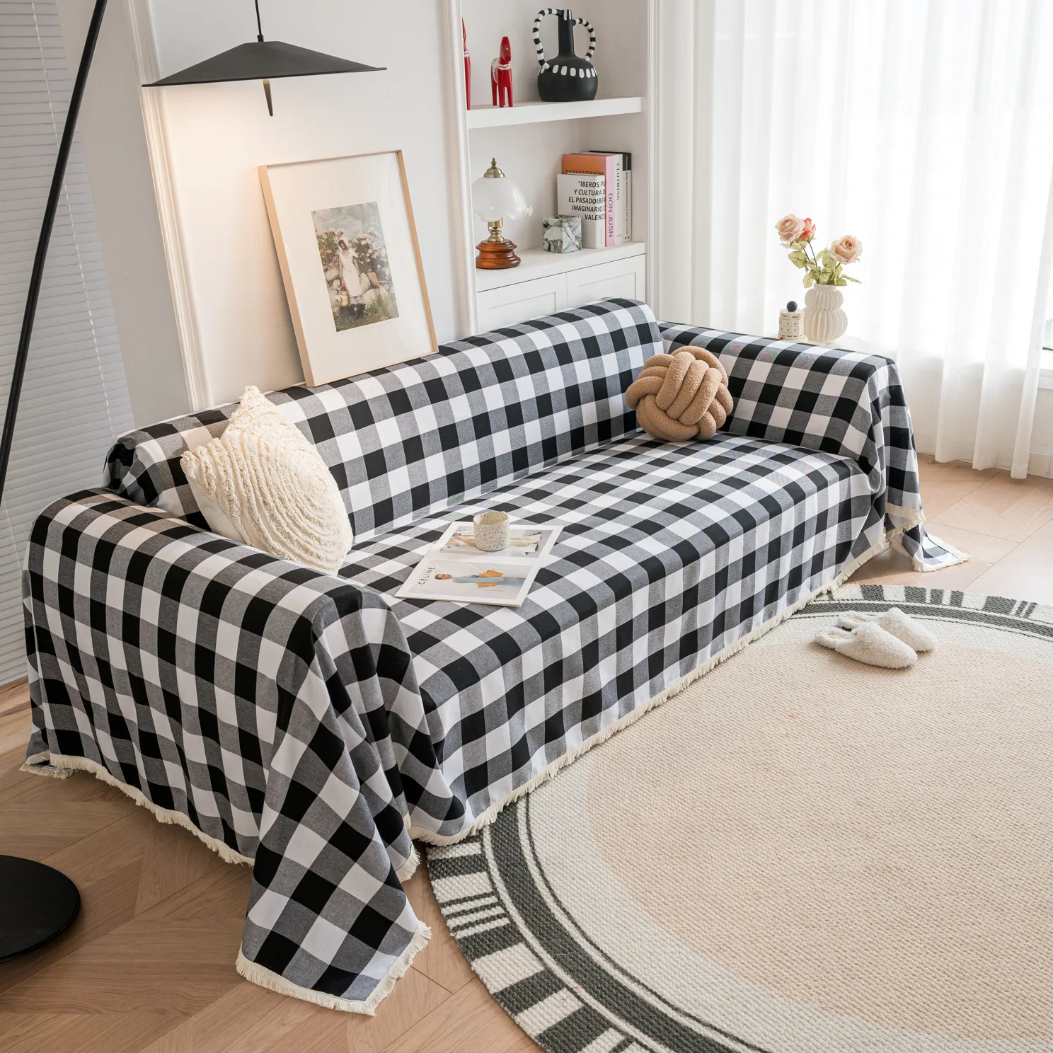 Christmas sofa cover Plaid Slipcover Couch Cover Grid Living Room Pet Bed Chair Soft with Tassel Washable Towel Throw Blanket