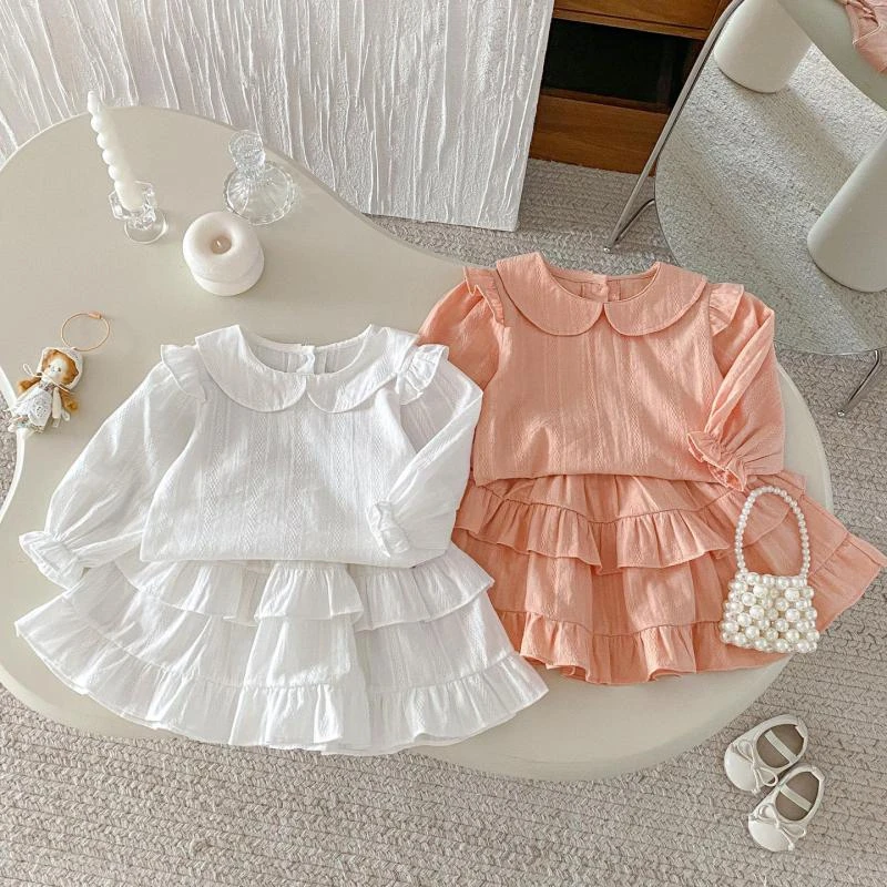 

2025 Autumn New Girls Long Sleeve Clothes Set Children Lapel Shirts + Puff Skirts 2pcs Suit For Baby Girl Casual Clothing Outfit