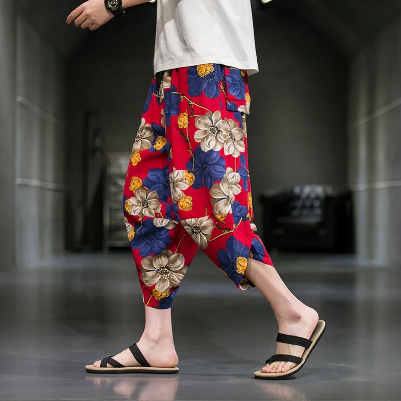 Męskie spodnie na lato 2025 w stylu Harajuku, codzienne, do połowy łydki, szerokie nogawki, bawełniano-lniane, z nadrukiem, haremki, odzież męska, moda, luźne.