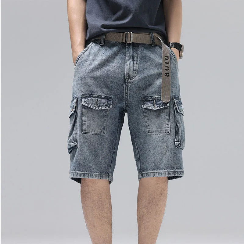 

Mcikkny Men Vintage Washed Casual Denim Shorts Loose Hip Hop Skateboard Jeans Shorts For Male Multi Pockets Patchwork