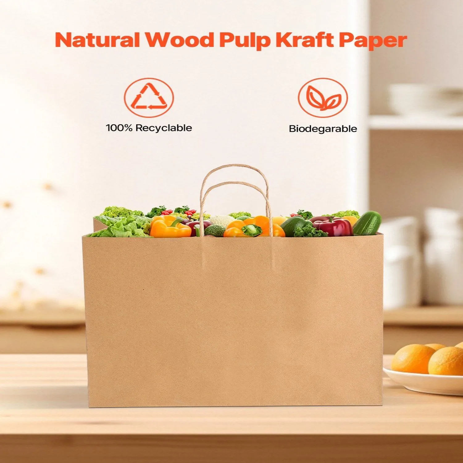 Sacchetti di carta Kraft degradabili da 100 pezzi, sacchetti della spesa marroni riciclabili da 120 GSM con manici intrecciati per lo shopping/imballaggio regalo (Custom fai da te