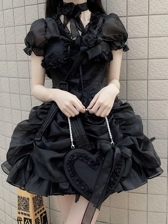 Lolita Women Summer Crop Blouse Y2k Sweet Bandage JK Blusas Capes Cosplay Harajuku Ruffled Puff Sleeve Shirt Kawaii Mujer