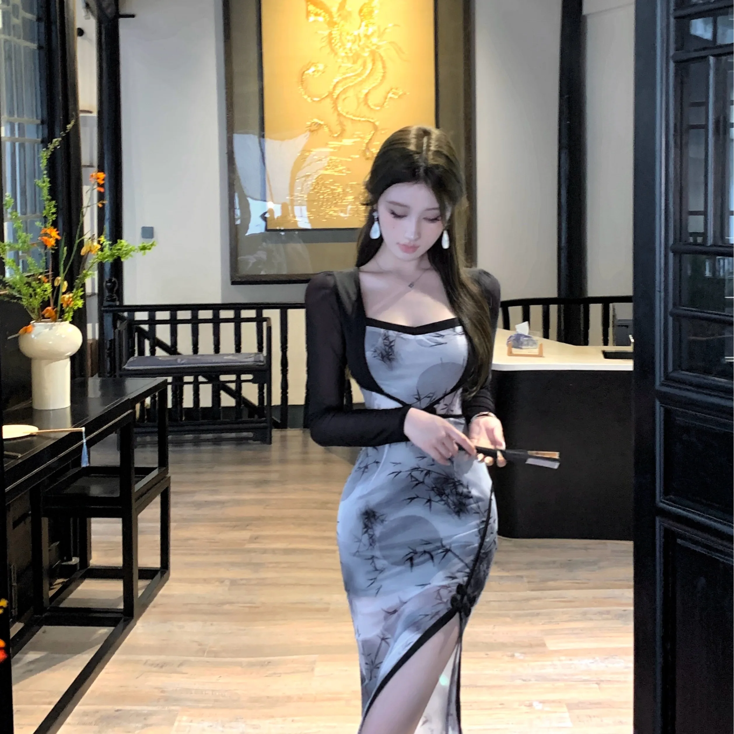 Faionable sexy impressão cintura-conchamento split dr coreano sle longo sve primavera outono nova chegada roupas femininas