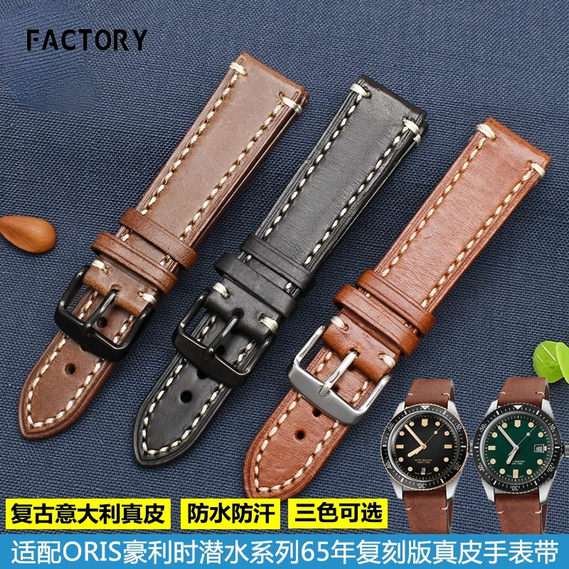 High Quality Genuine Leather Watch Strap for Oris Holey Diving Series 65 Reengraved Aviation Certina Men Watchband  Accessories