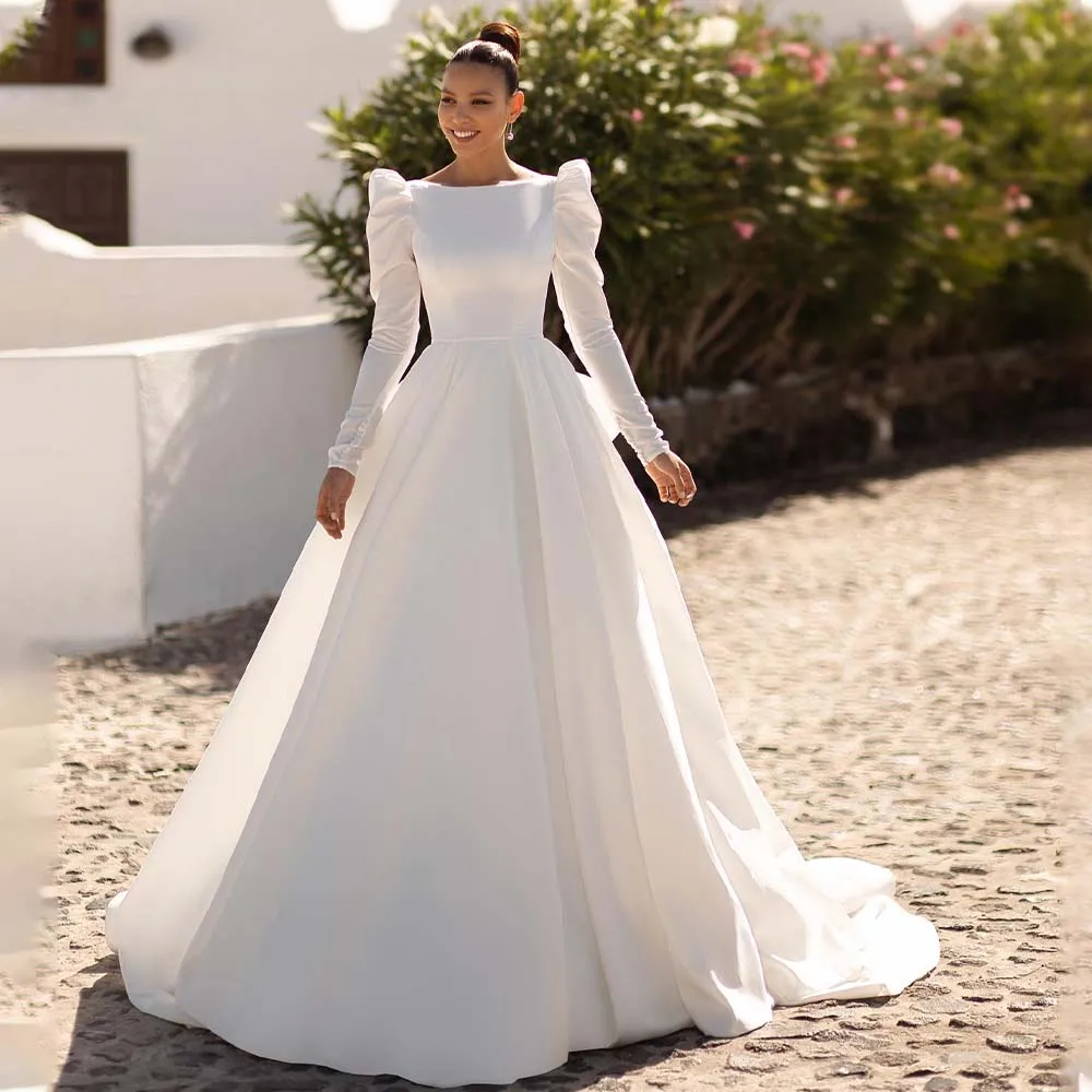 

2024 New Design Long Sleeves Backless Satin A Line Wedding Dresses Sweep Trian Bow Bridal Grown 2024 Vestido De Noival