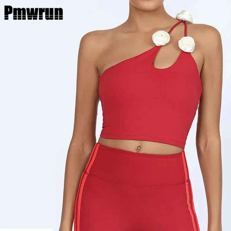 

PMWRUN 2025 Oblique Shoulder Strap Yoga Clothes Flower Slimming Quick-Drying Sporty Woman Top Running Fitness Clothes Sportswear