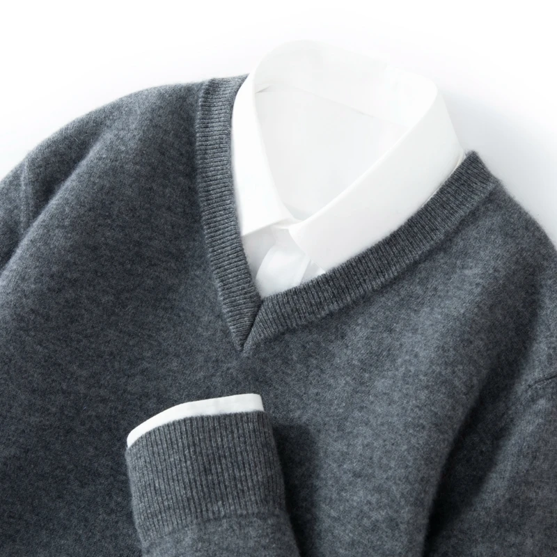 100% Cashmere Sweater Men's V-Neck Knitted Pullover Business Casual Warm Long Sleeve Solid Color Bottoming Shirt Top