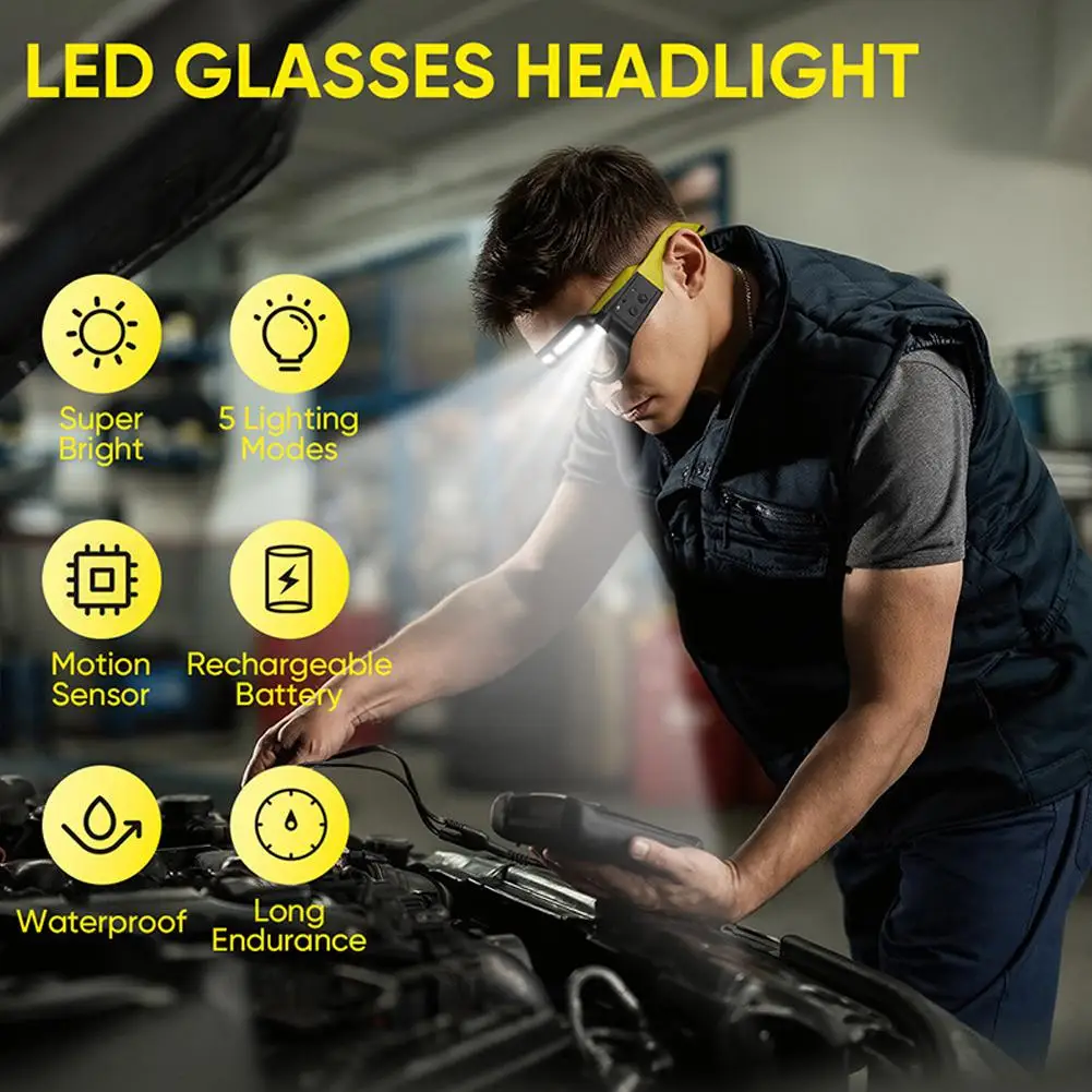 LED Glasses Rechargeable Headlight Glasses With Motion Sensor And Touch Control, 5 Modes Lighted Glasses For Fishing, Cycling