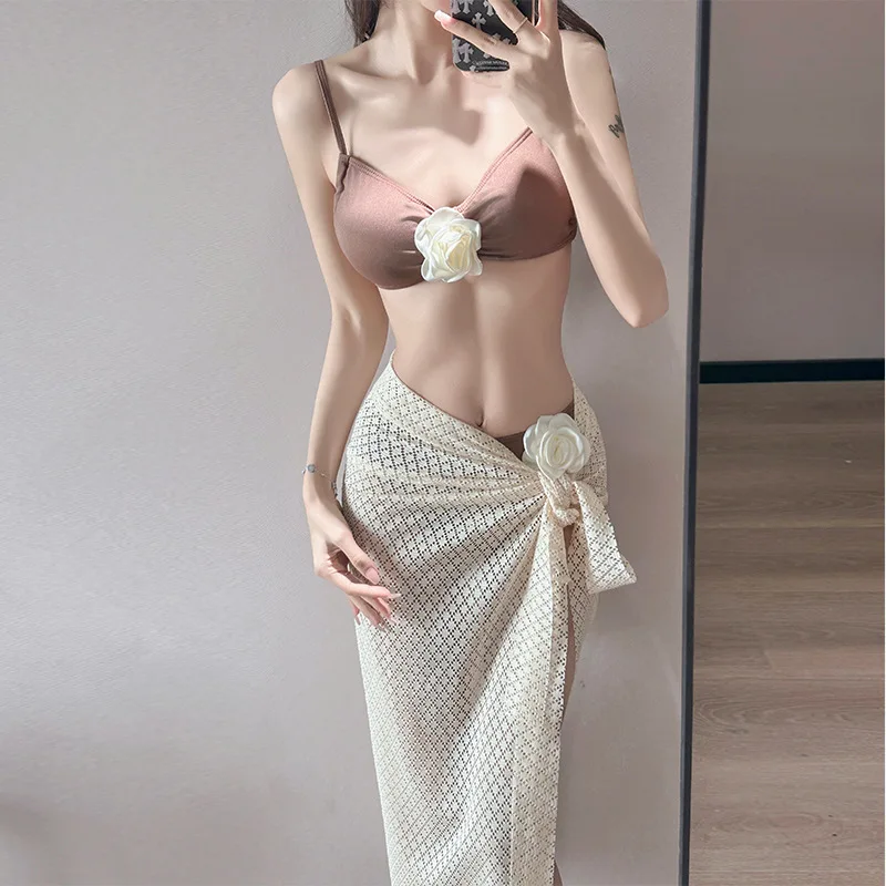 مثير kpop ثلاثية الأبعاد زهرة المرقعة البيكينيات مجموعات 3 قطعة المايوه مع غطاء طويل تنورة البيكينيات مبطن ملابس السباحة biquini Tankini bakini