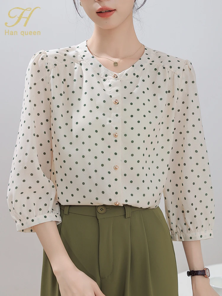 H Han Queen 2024 Autumn Tops Simple Office Chiffon Blouse Elegant Dots Shirt Casual Korean Style Loose Blouses Women Clothing