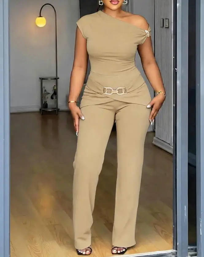 

Two Piece Set Women Outfit 2026 Spring New Skew Neck Slim Fit Top & Metal Detail Design Elastic Waist Casual Flare Pants Set
