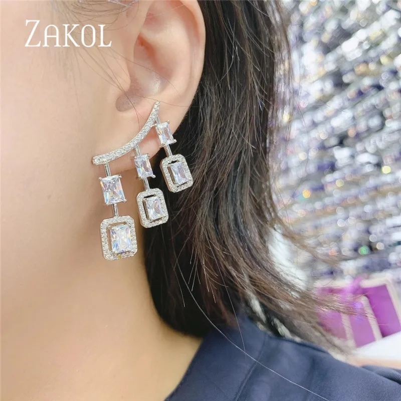ZAKOL Fashion Sliver Color Tassel Drop Earrings for Women Square Cubic Zircon Girl Party Jewelry