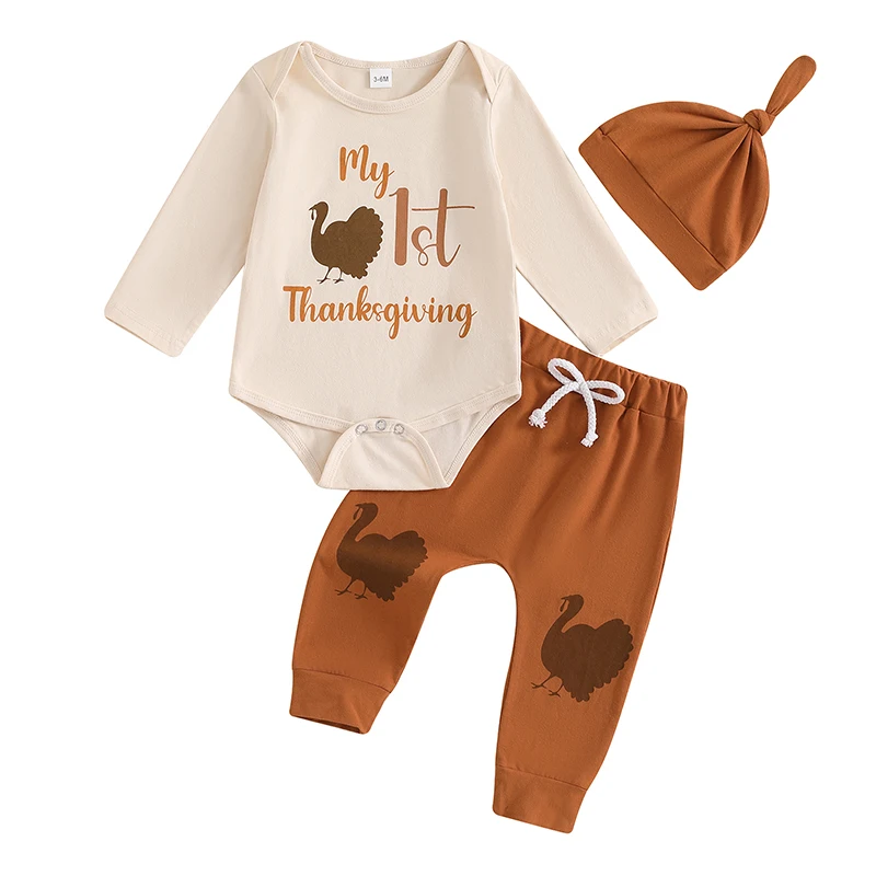 Baby Boy Thanksgiving Set Turkey Letter Print Long Sleeve Round Neck Romper Drawstring Long Pants Hat Outfits