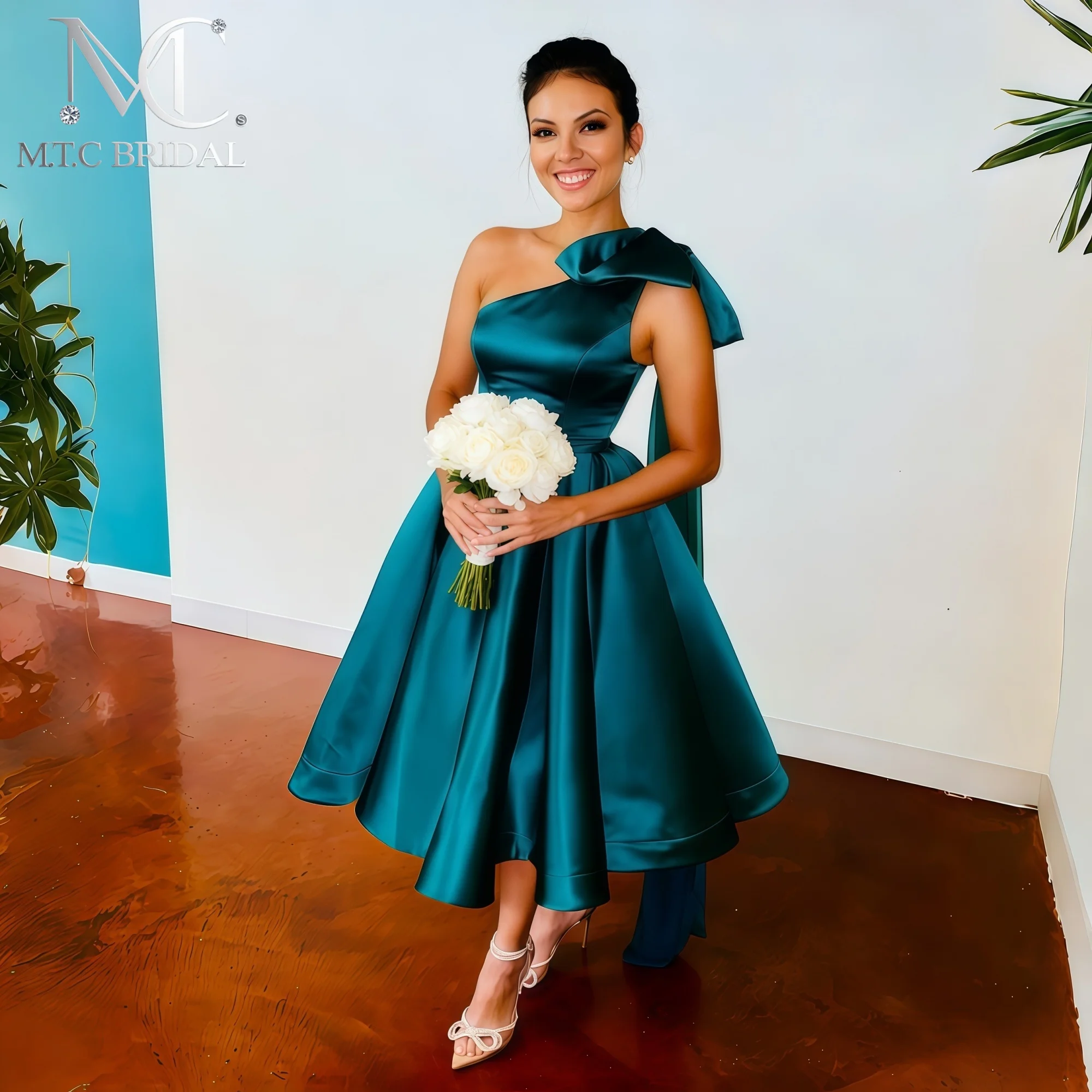 

Изумрудно-бирюзовые короткие платья для подружек невесты 2026 года, атласные платья А-силуэта на одно плечо для свадебной вечеринки, на заказ