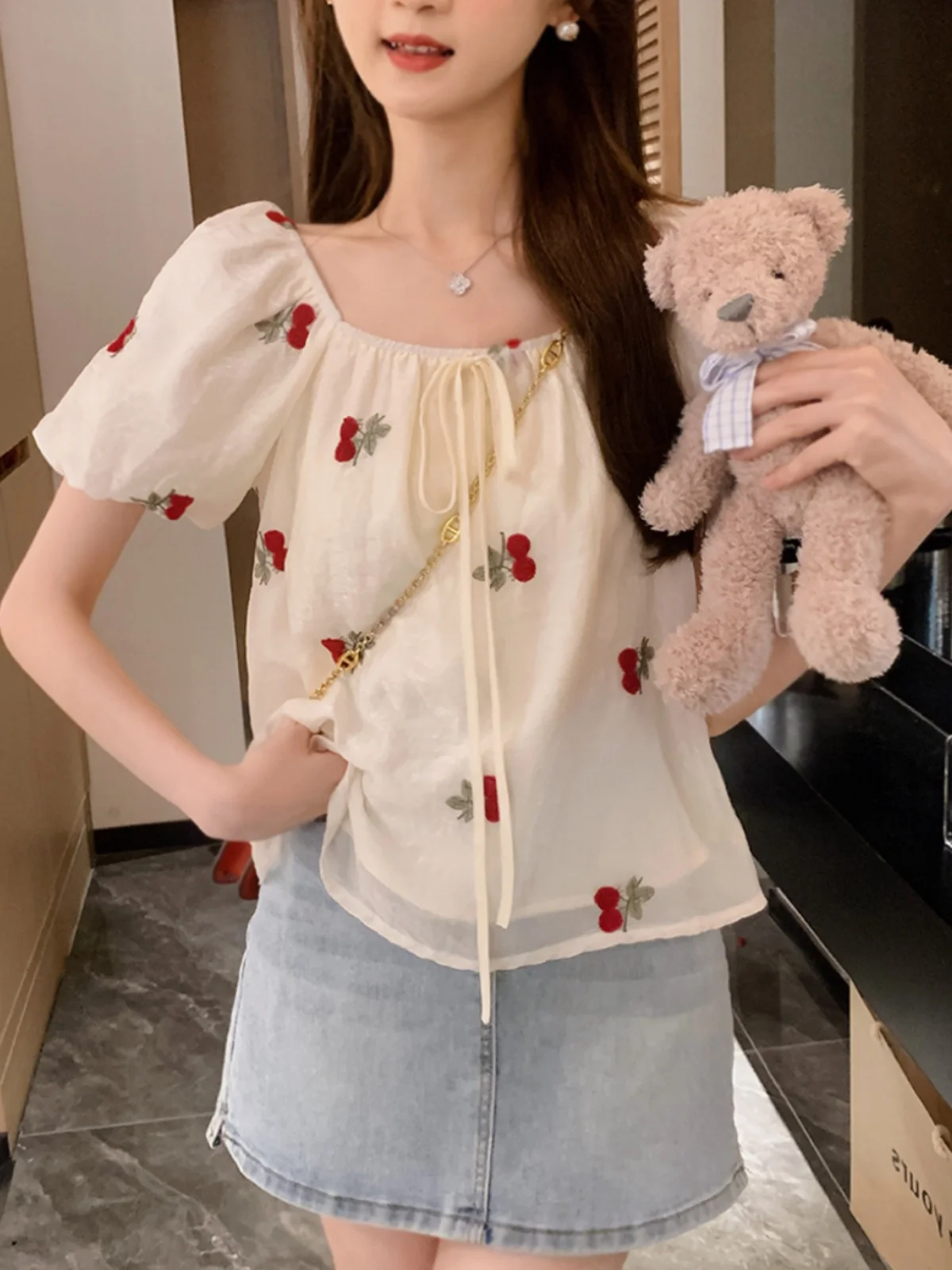 

Anli Sweet Cherry Embroidery Loose Fre Versatile Gentle Belted ort Sve irt 2024 New Sle Summer Sweet Sle Square ...