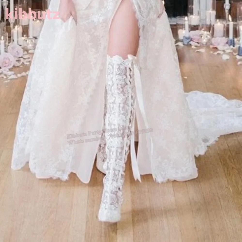 

Over The Knee Wedding Boots Ivory Lace Up Pointed Toe Thin Heel Side Zipper Sweetheart Bridal Women Fashion Sexy Elegant Shoes