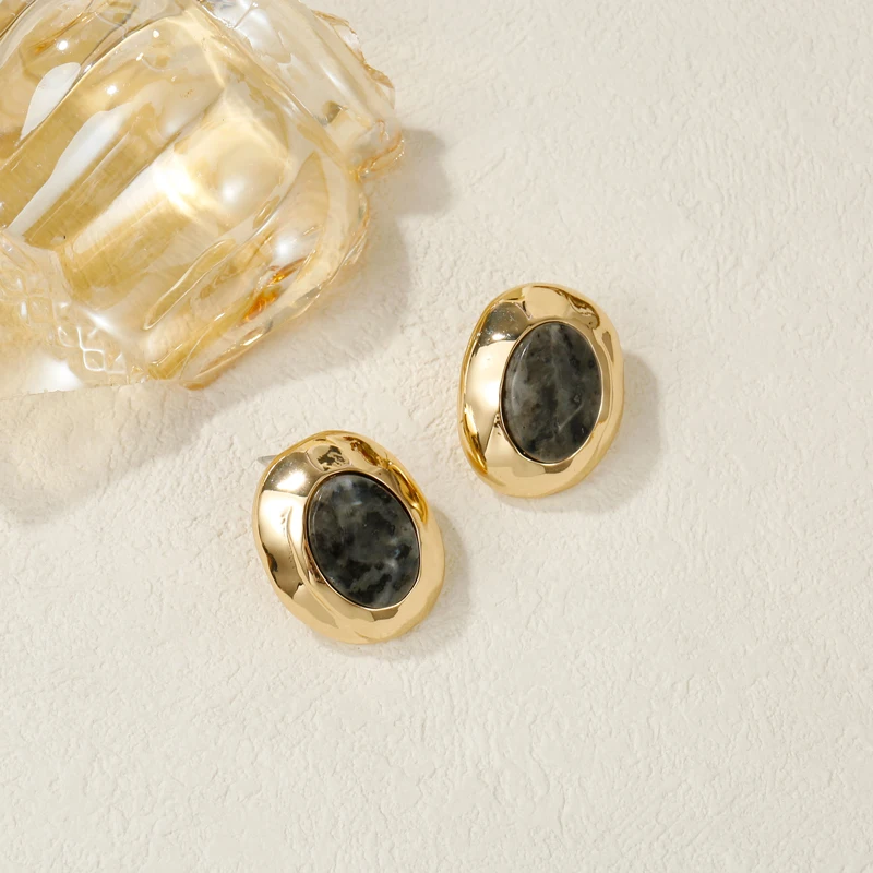 Badu Geometric Oval Stud Earrings For Women Vintage Metal Natural Stone Statement Earrings Fashion Jewelry Gifts