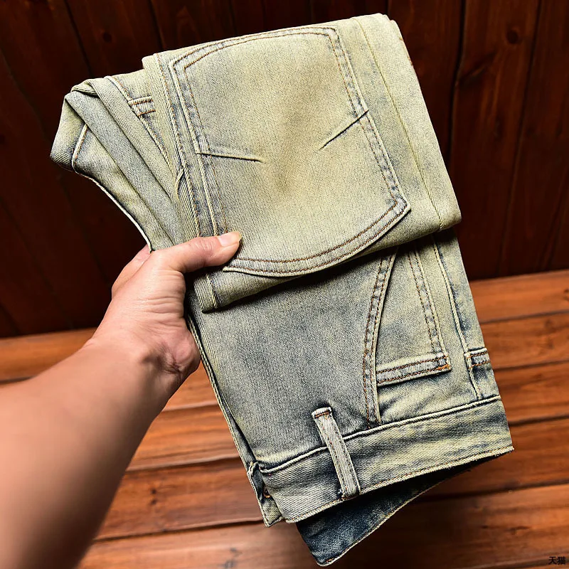 Vintage Jeans Heren Gewassen Gele Modderkleur Slanke Skinny Broek Stretch Street Trend Distressed Fashion Rechte Broek