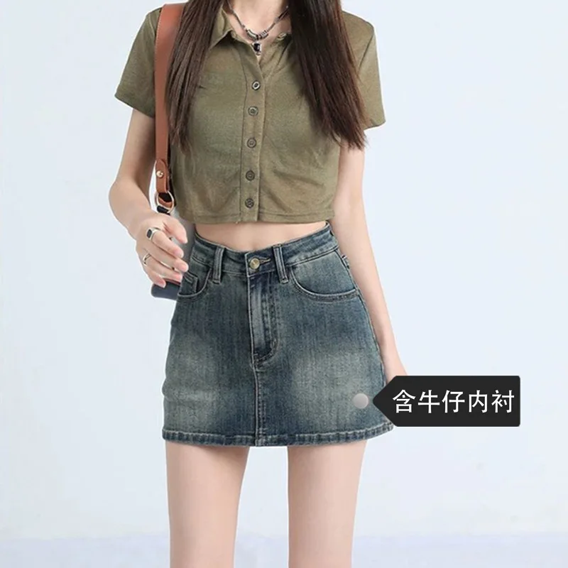 Denim Skirt Solid Spliced Women Zipper Fly Skirts Loose Above Mini Skirts Basics High Waist Pockets Washed Distressed 2025 - Image 3