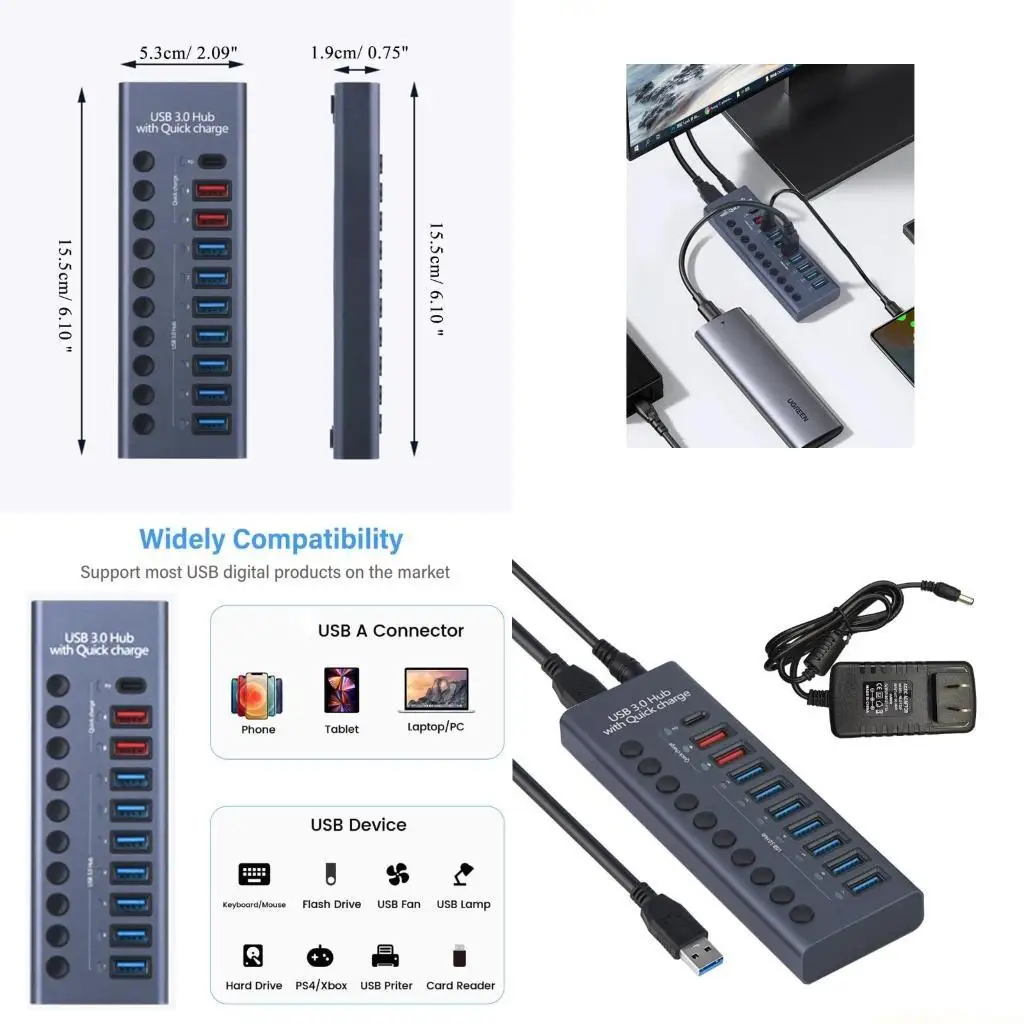 

10 Ports USB C Hub Splitter with Individual On/Off Switches USB HUB Docking Base