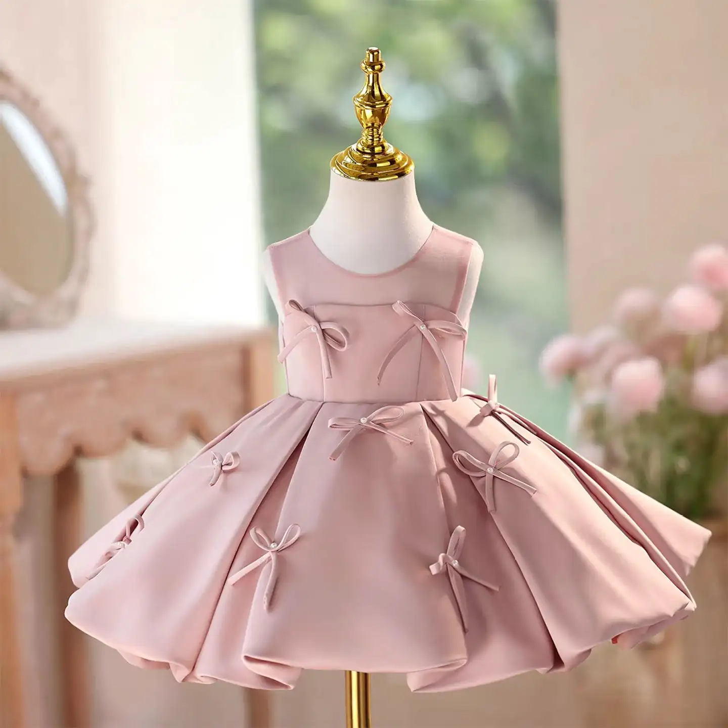pink-sleeveless-flower-girl-dress-mini-bow-accents-short-puffy-princess-dress-birthday-party-baptism-formal-occasion-dress