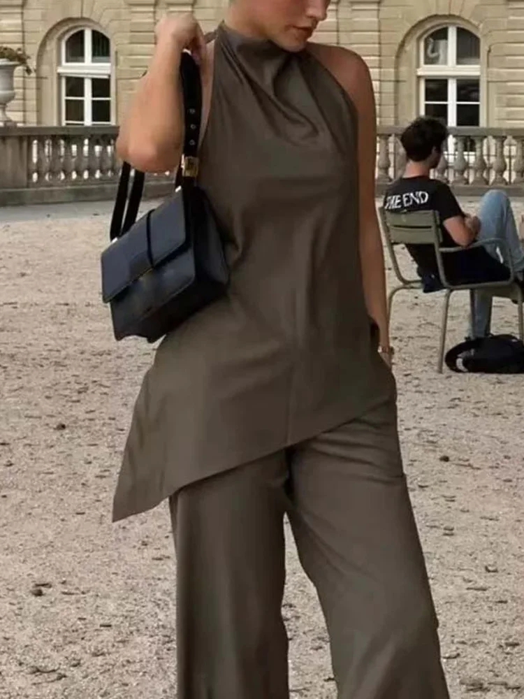 Pleated Asymmetric Halterneck Tank Tops and Straight Pants With Drawstring for Women, Female Two Piece Sets, Chic Fashion