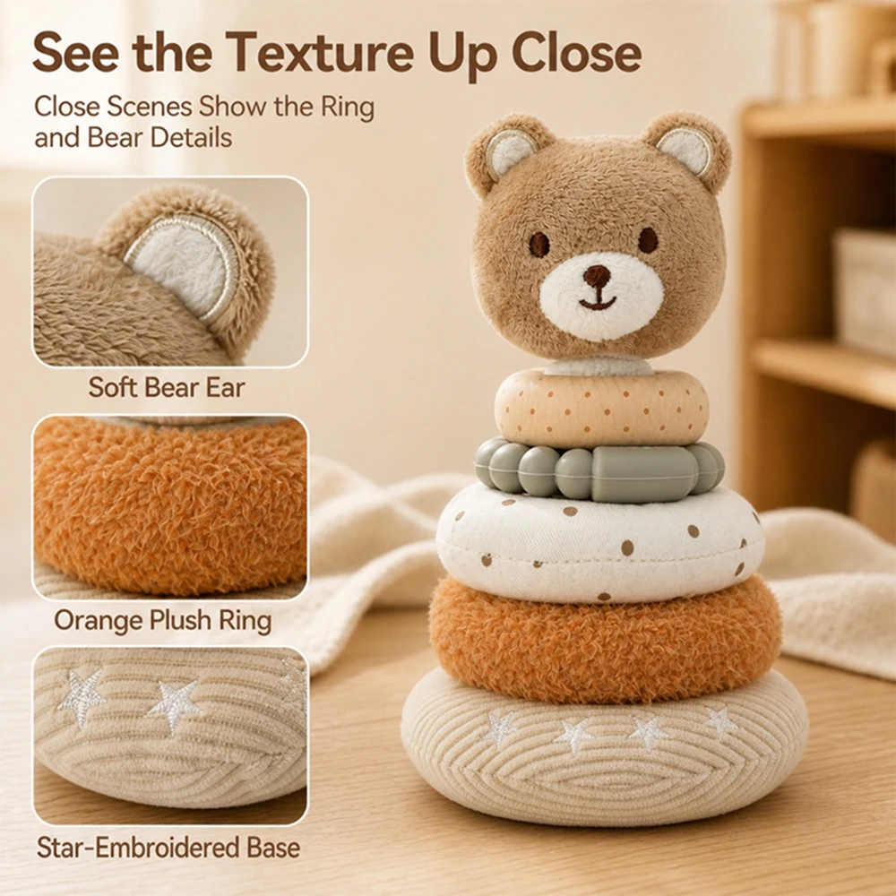 Baby Fabric Stacking Toy Plush Cartoon Dinosaur Rabbit and Bear Stacking Rings Early Learning Educational Soothing Toy Gifts