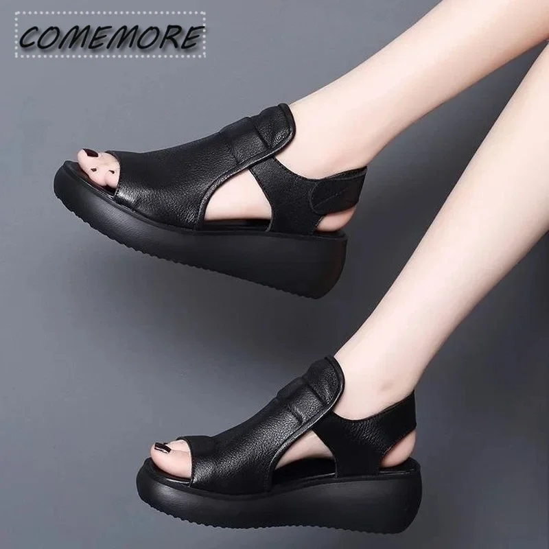 Platform Sandals Woman Summer 2023 New Open Toe Plus Size 35-40 Medium Heel Casual Wedges Sandals for Beach Office Buckle Strap