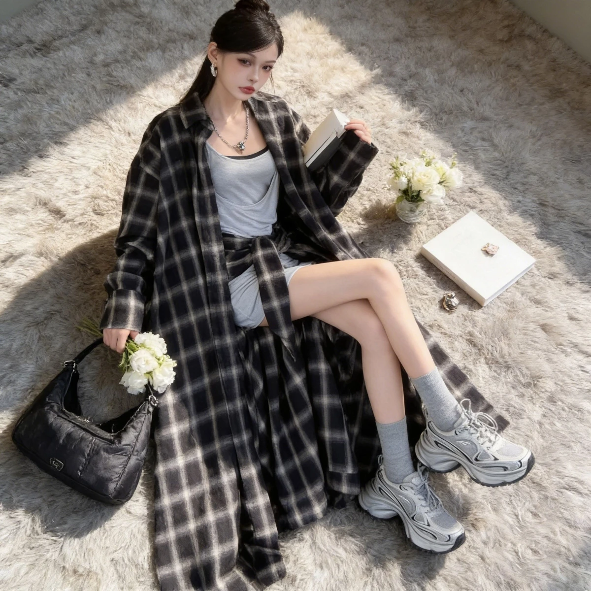Spring Autumn 2026 Women's Plaid Shirt Loose Waist Inward Large Size Outerwear Long Sleeve Vintage Style Versatile Fashionable