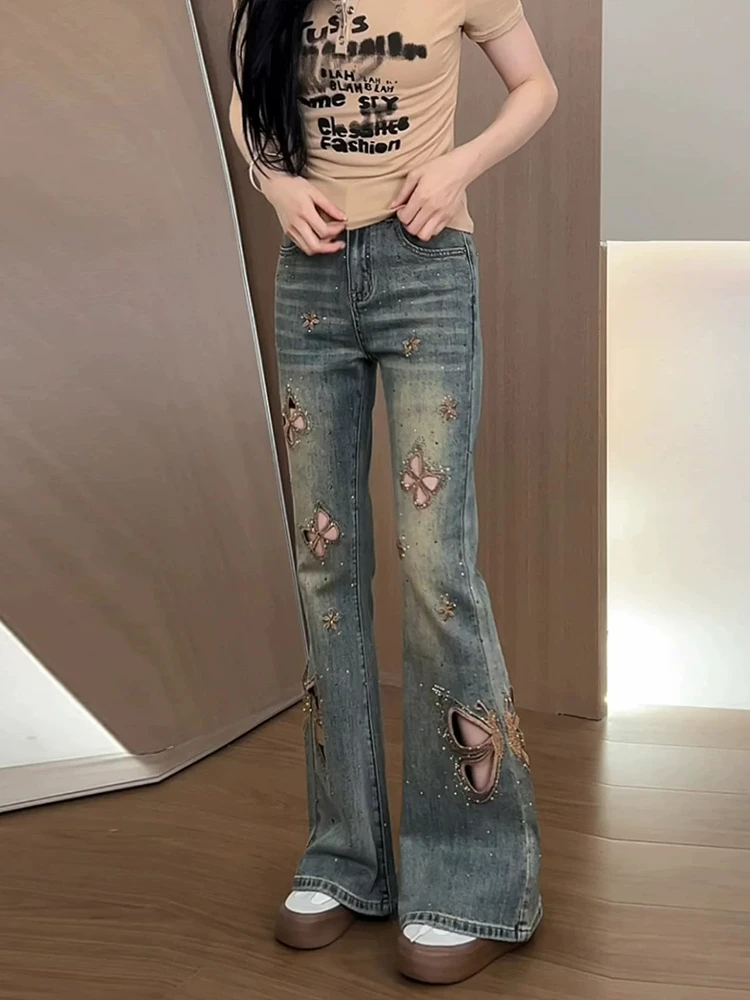 

Blue Hollow out Rhinestone Slim Fit High Waist Denim Pants Women's Summer Thin Small Size Slimming Bell Bottoms