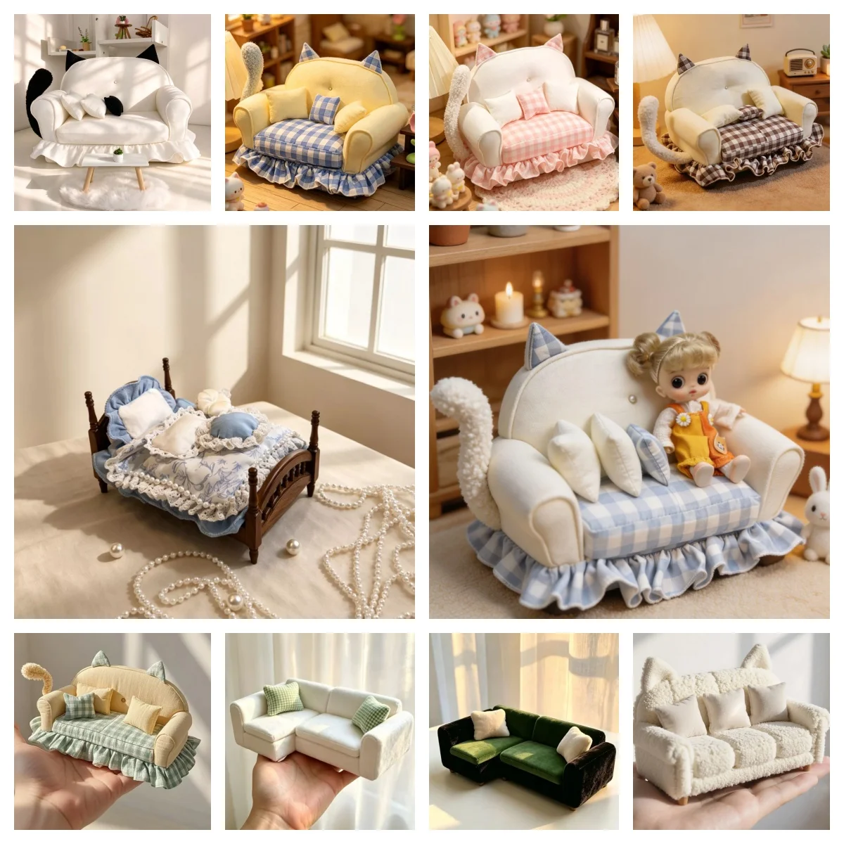 1/6Dollhouse Miniature Fabric Sofa Family Play Toy Realistic Cat Princess Sofa Model 1/12 DIY Scene Props Gift House Decoration