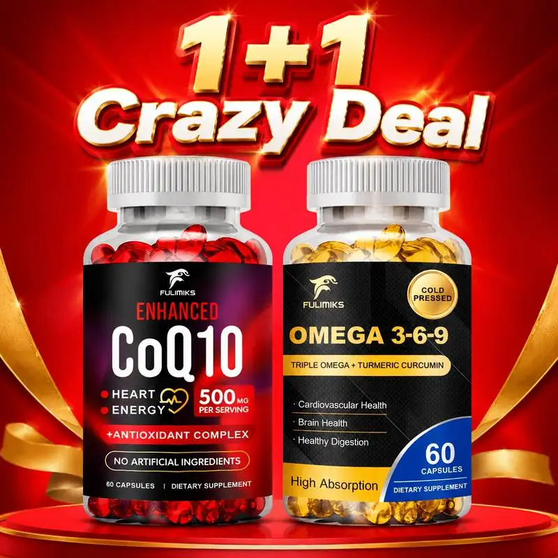 CoQ10 & OMEGA3-6-9 Supplement Capsules, with Citrus Bergamot, Fish Oil, Sunflower Seed Oil, Grape Seed, Turmeric Root, Trans-Resveratrol, Cardiovascular, Brain, Healthy Digestion Support, Dual Support Gift Pack, Package May Vary