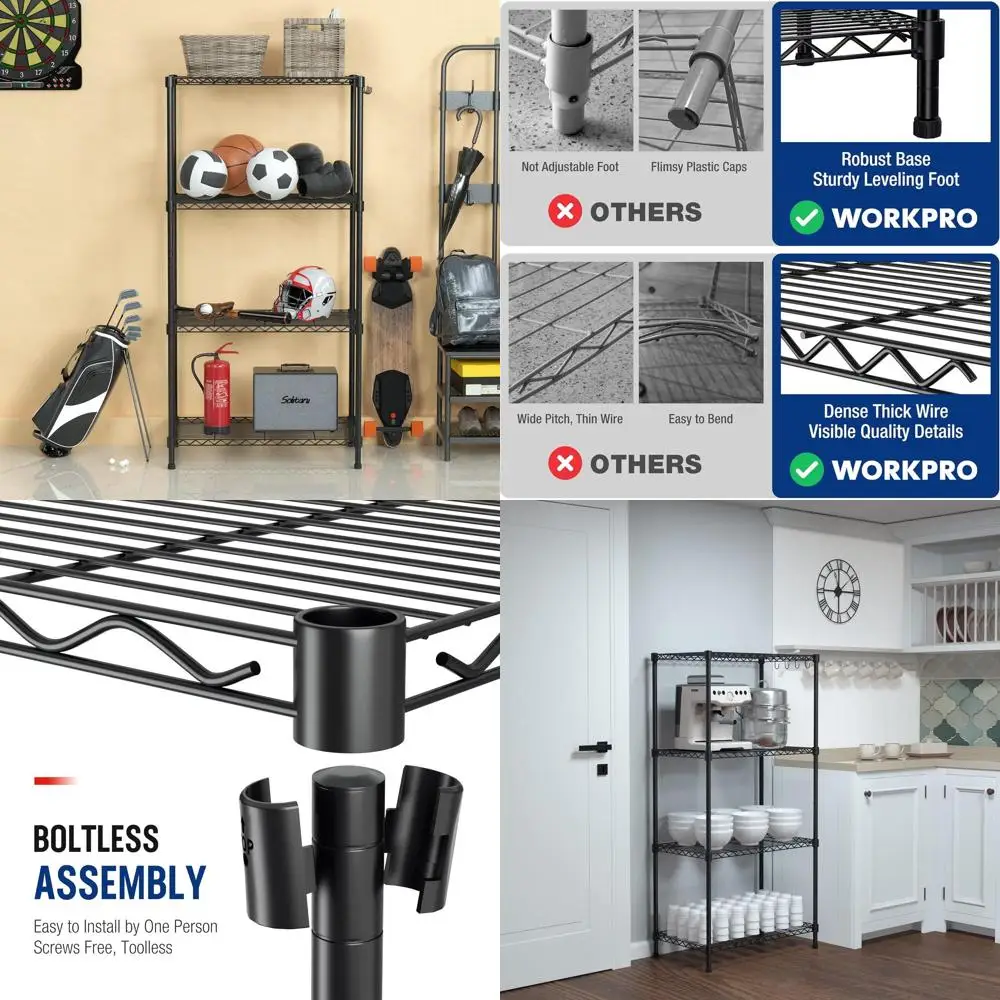 

4-Tier Adjustable Metal Storage Shelf with Hooks, 24W x 14D x 48H, Holds 600 lbs, Ideal for Kitchen, Pantry, Garage, and Basemen