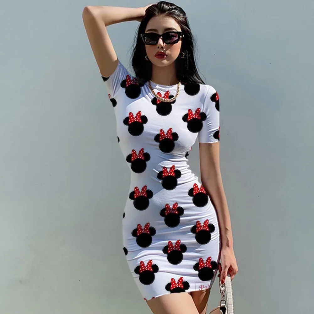 Disney-Mini vestido Minnie Mickey Mouse Bodycon feminino, gola redonda, manga curta, bolsa sexy, festa hip, clubwear, vestidos finos, verão, 2022