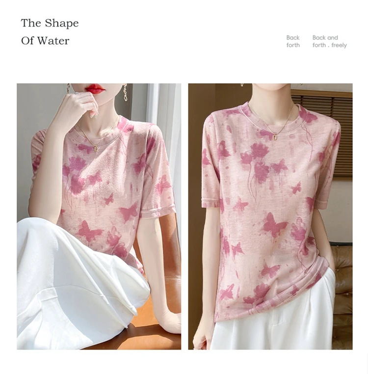 Summer New Women's Round Neck Printed Knitted Short-Sleeved Thin T-shirt Loose Bottoming Shirt