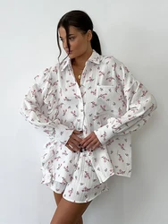 Marthaqiqi New 2024 Printing Ladies Nightgowns Suit Long Sleeve Pajamas Turn-Down Collar Sleepwear Shorts Autumn Nightwear Set