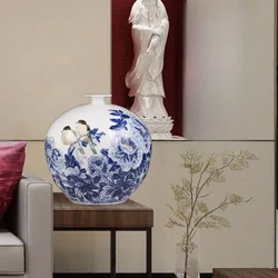 Jingdezhen-アンティークセラミック卓上花瓶手描きの青と白の磁器リビングルームのフラワーアレンジメント装飾、本物