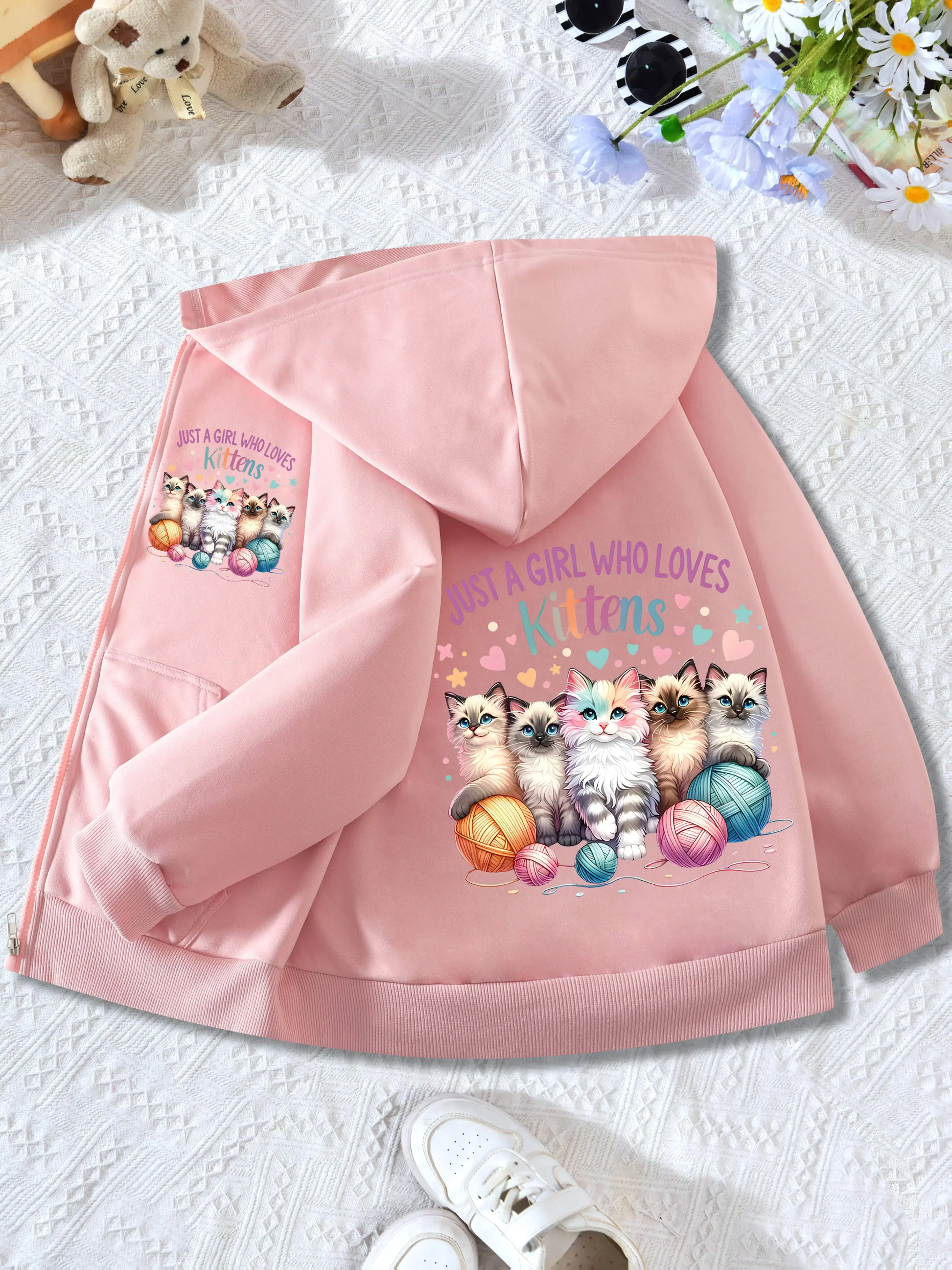Korean Hot Girls Cute Ragdoll Kittens Yarn Ball Print Zip Hoodie Sweet Cartoon Cat Graphic Sweatshirt Girls Loose Jacket