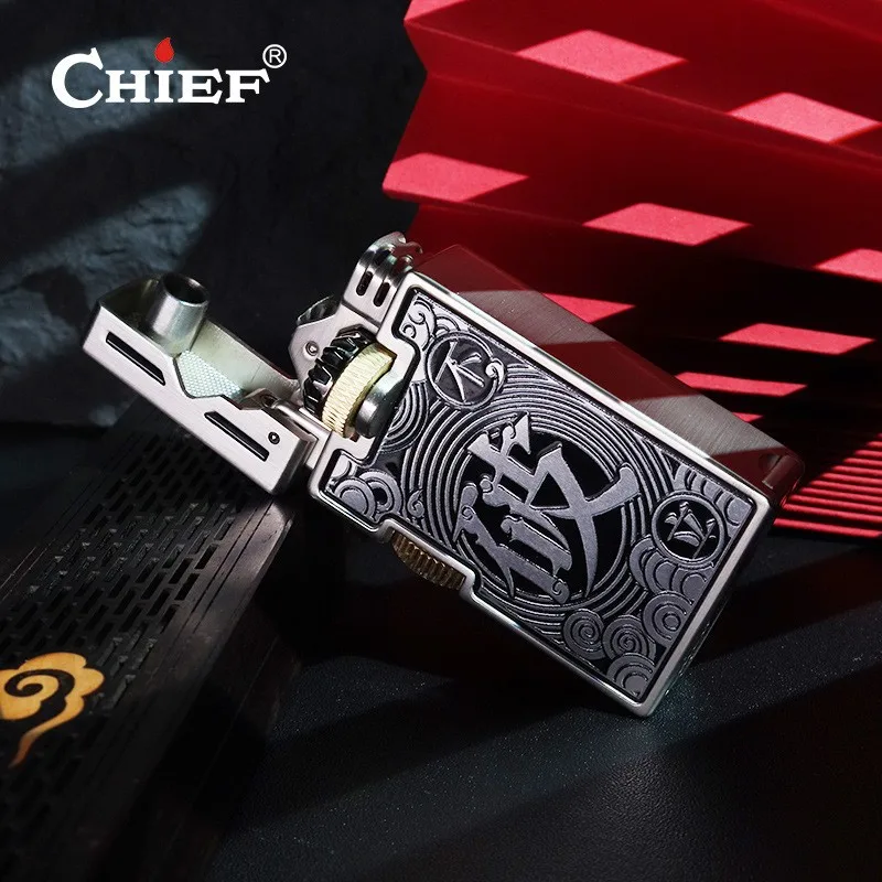 CHIEF Retro Kerosine Lift Arm Side Slip Lighter One Click Press Mechanical Transparent Double Chamber Cigarette Lighter
