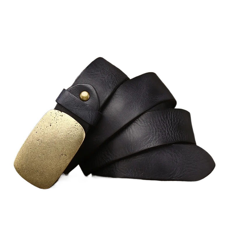 Cinturón de cuero de vaca puro de 3,3 cm para hombre, correa de hebilla de latón liso de alta calidad, cinturones de diseñador de lujo