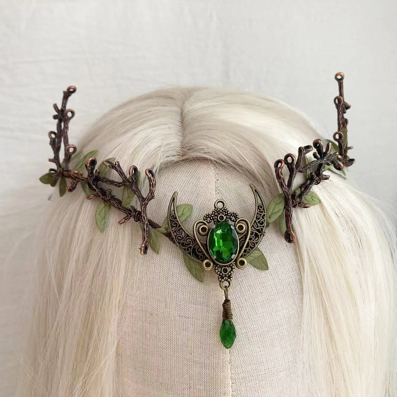 Forest Woodland Moon Tiara With Emerald Branches Fairy Crown Elven Tiara Elf Medieval Headpiece Celtic Wedding